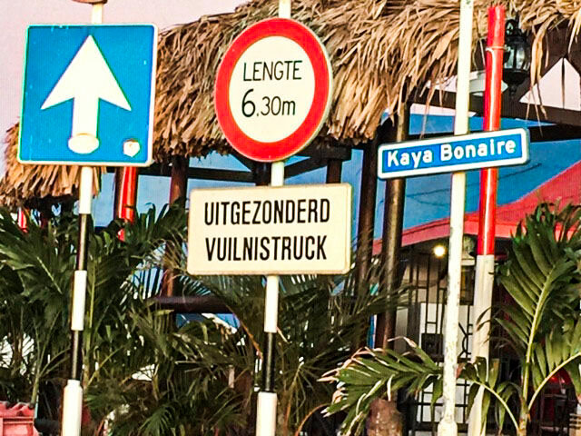 Bonaire is an amazing mixture of cultures—Dutch, Spanish, American, etc.—and everyone seems comfortable speaking and reading English, Spanish and Dutch, as these signs show.  There is also a pidgen language that is a mixture of Spanish, the native Indian language and Dutch, which Chris Ware says sounds a lot like German. 