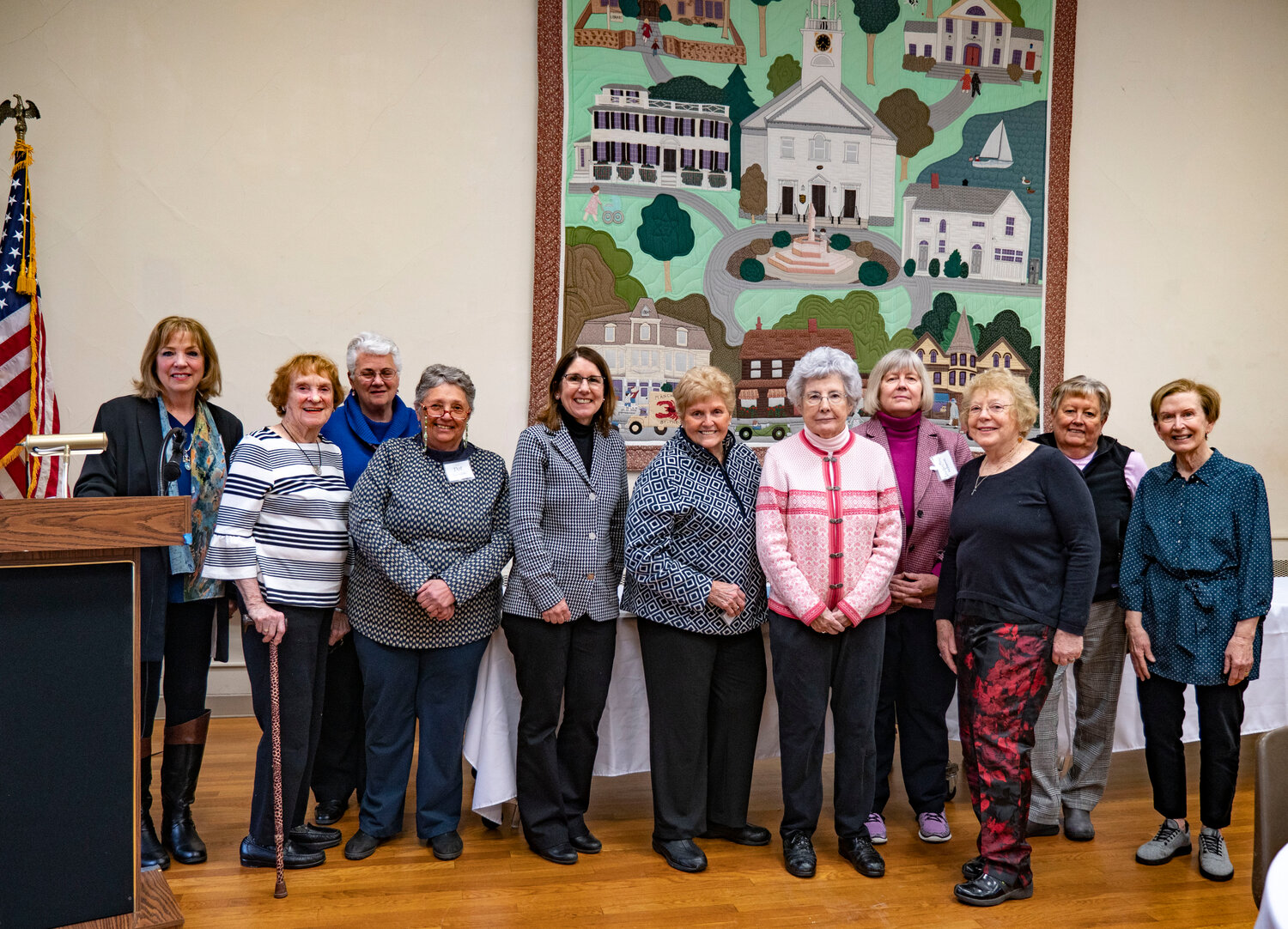 Manchester Women’s Club’s Chris Gauthier-Kelley poses with Joan Kelley, the VNACare’s Katherine Keith, Manchester Women’s Club President Dot Sieradzki, Karen Webber, Bev Melvin, Fay Noonan, Jackie McDiarmid, Peggy McDermott, Mary Ellen Foster and Anne Gilson. 