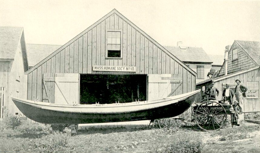 A Massachusetts Humane Society life-saving station and lifeboat in Marblehead.  Date unknown.  Photo courtesy of Lighthouse Antiques. 