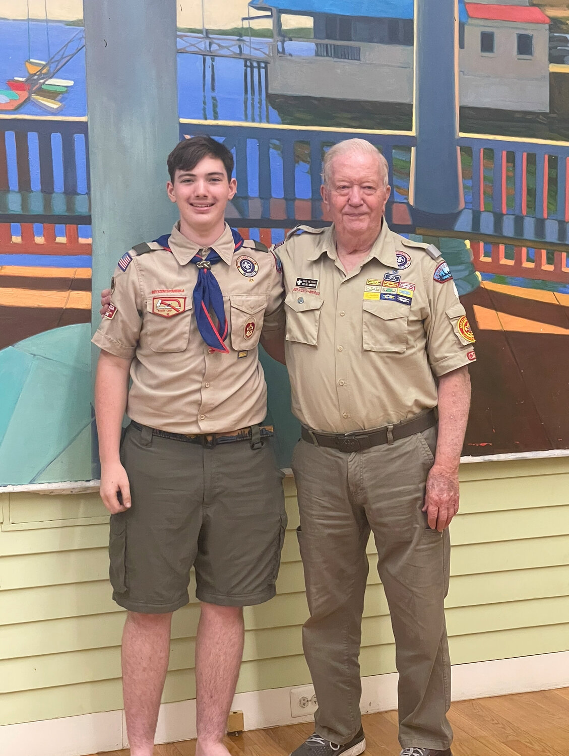 Troop 3’s newest Eagle Scout, Jackson Thomas Surette, poses with his grandfather and sponsor, Dave Metrano, at the Scouts’ Court of Honor.