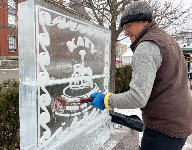 Don Chapelle of Brilliant Ice Sculpture putting finishing touches on last year’s Katy and the Big Snow sculpture