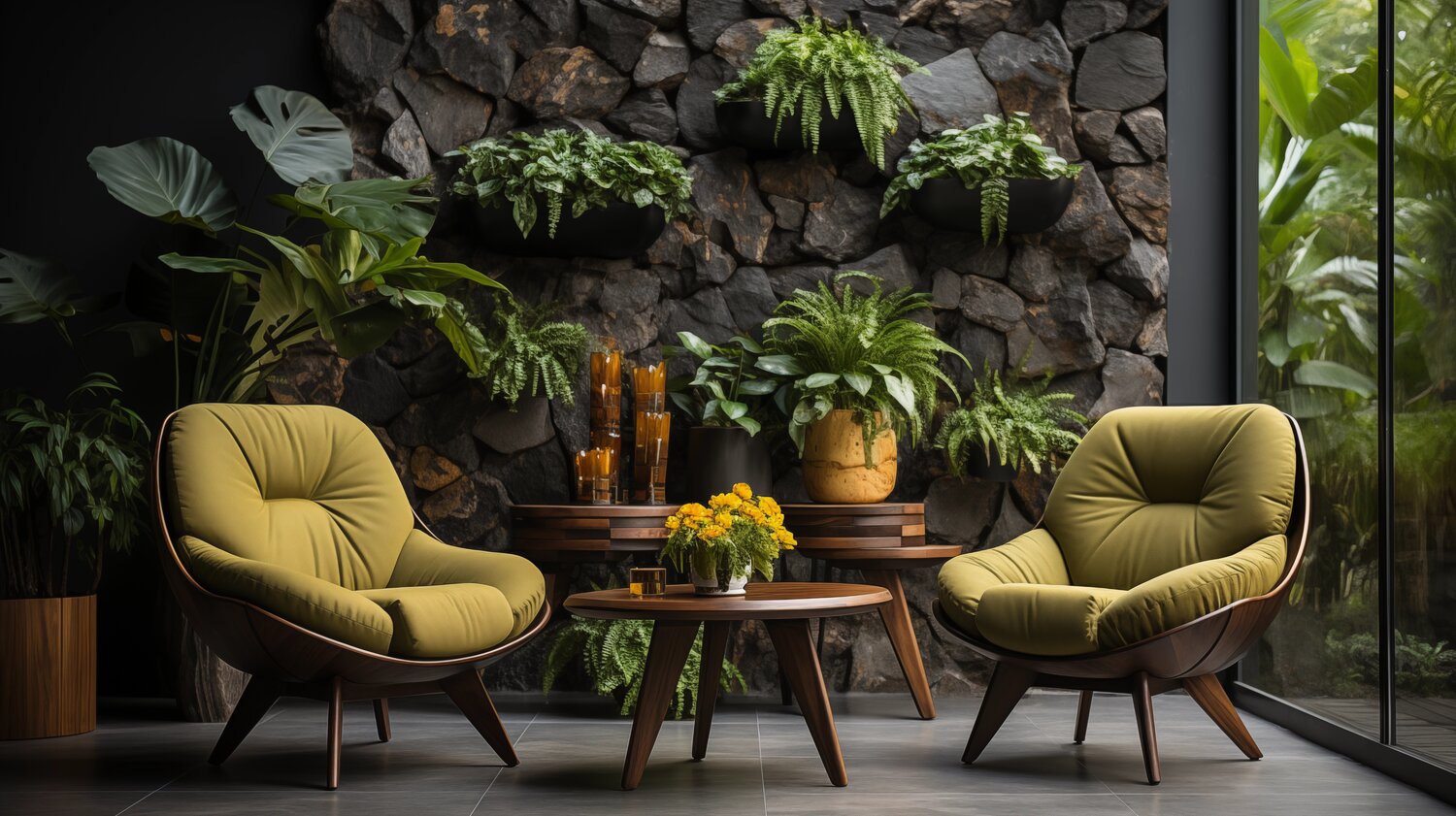 Explore the biophilic design trend by incorporating nature into your interior. Modern "art" chairs are also a new trend.