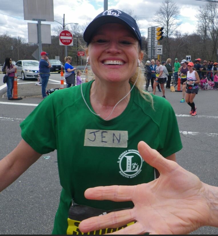 Jen DeSimone beams at the 2020 Boston Marathon.
