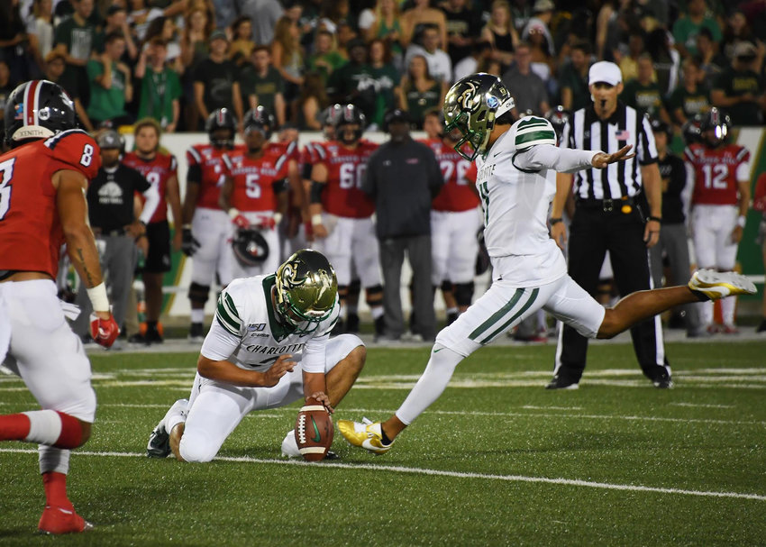Former Cartersville High and current Charlotte kicker Jonathan Cruz converts an extra point attempt in a season-opening win over Gardner-Webb Aug. 29, 2019, in Charlotte.