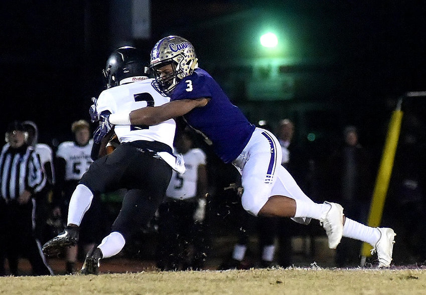 Cartersville senior Evan Slocum tackles a Ridgeland ballcarrier during the 2018 Class 4A state playoffs at Weinman Stadium. It was announced on Wednesday that Slocum was selected to the Class 5A all-state team by the Atlanta Journal-Constitution.