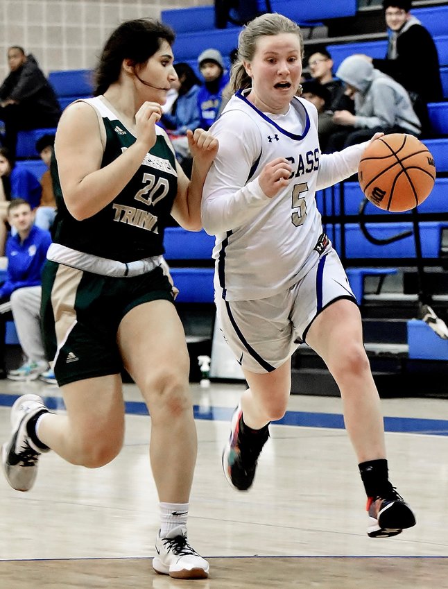 Cass senior Haley Johnson looks to get past a Blessed Trinity defender during a Region 7-5A matchup Jan. 21 at home.