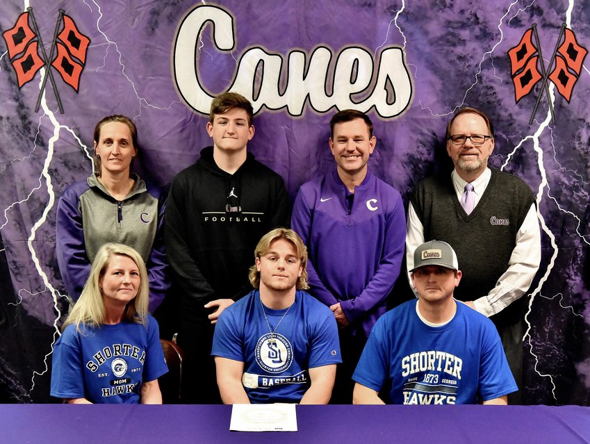 Cartersville High senior Jake Brasfield signed to play baseball at Shorter University in Rome. On hand for the signing were, from left, front row: Candace Brasfield, mother; Johnnie Brasfield, father; back row, Shelley Tierce, principal; Connor Brasfield, brother; Kyle Tucker, head coach; and Darrell Demastus, athletic director.