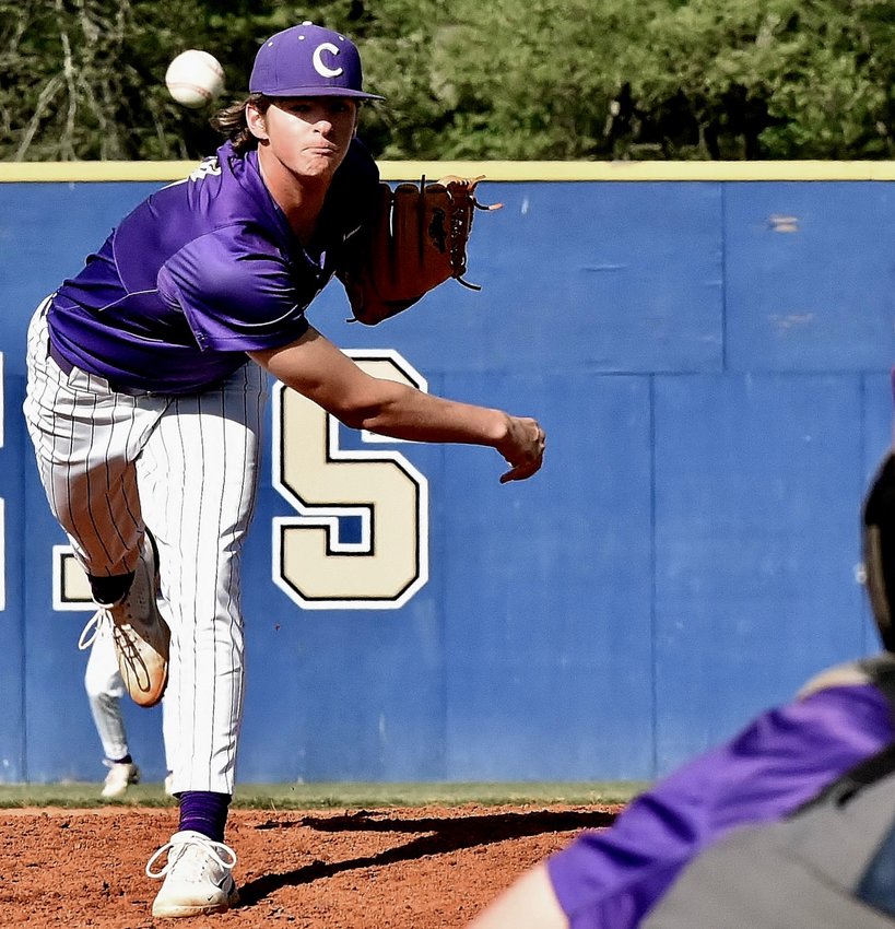 Cartersville junior Caden Carroll pitches against Cass during Game 1 of a Region 7-5A doubleheader April 15 in White. In a complete-game effort, Carroll allowed one run on five hits and two walks with nine strikeouts in a 3-1 win.