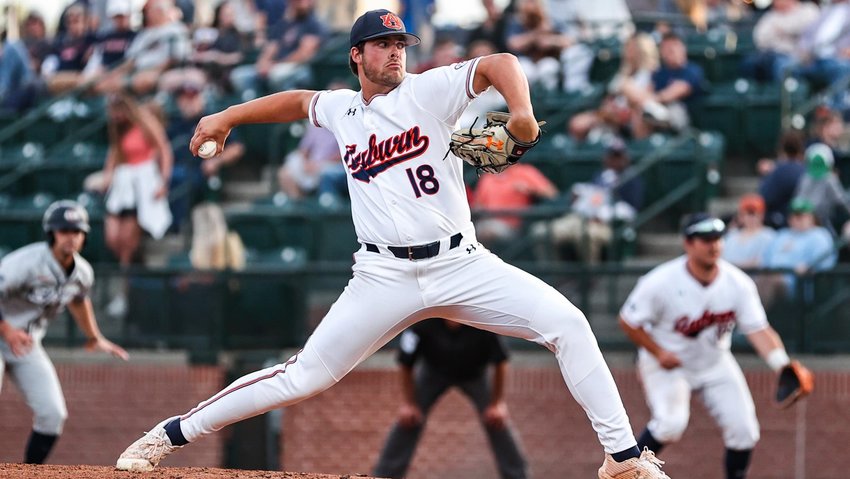 Auburn junior and Cartersville High graduate Mason Barnett pitches in a nonconference game against Samford April 12 at home.