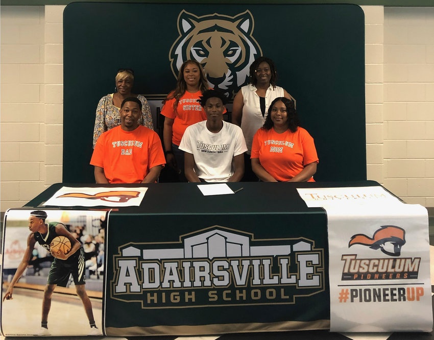 Adairsville High senior T.J. Printup Jr. signed to play basketball at Tusculum University in Tusculum, Tennessee. On hand for the signing were, from left, front row: T.J. Printup Sr., father; Katrina Printup, mother; back row, Genise Printup; Latya Printup; and Carolyn Richard.