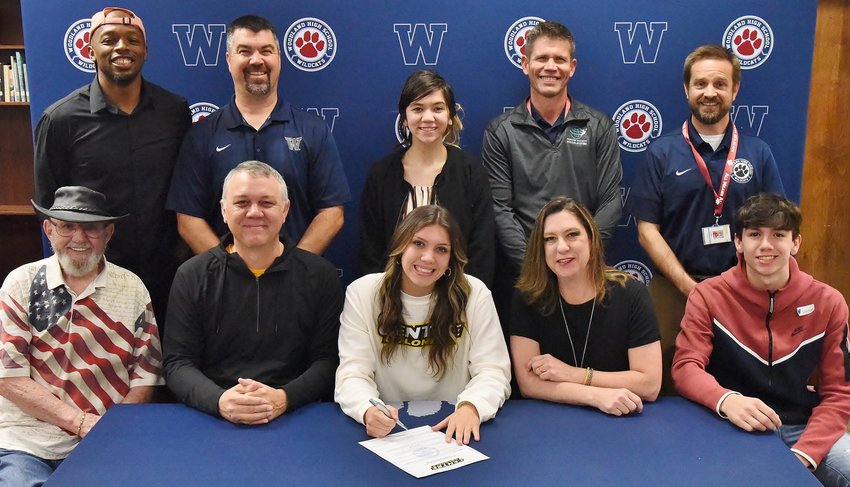 Woodland High senior Abigail Taylor signed to play basketball at Centre College in Danville, Kentucky. On hand for the signing were, from left, front row: Harry Robinson, grandfather; Keith Taylor, father; Amie Taylor, mother; and Jacob Taylor, brother; back row, Emmanuel Taylor; John Howard, WHS athletic director; Anna Taylor; David Stephenson, WHS principal; and Kyle Morgan, WHS head girls basketball coach.