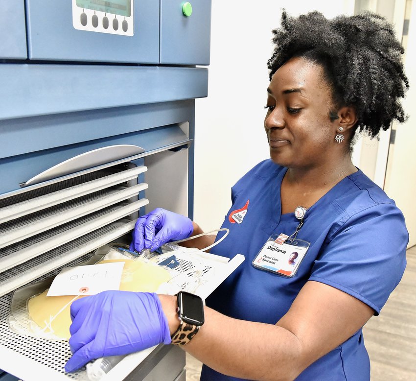 Blood Assurance Donor Care Specialist Daphanie Johnson prepares platelets for storage at the Cartersville Blood Assurance donor center.
