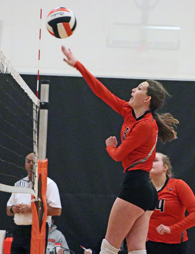 Pioneers sophomore Grace Genoways spikes the ball Saturday at Fort Calhoun High School.