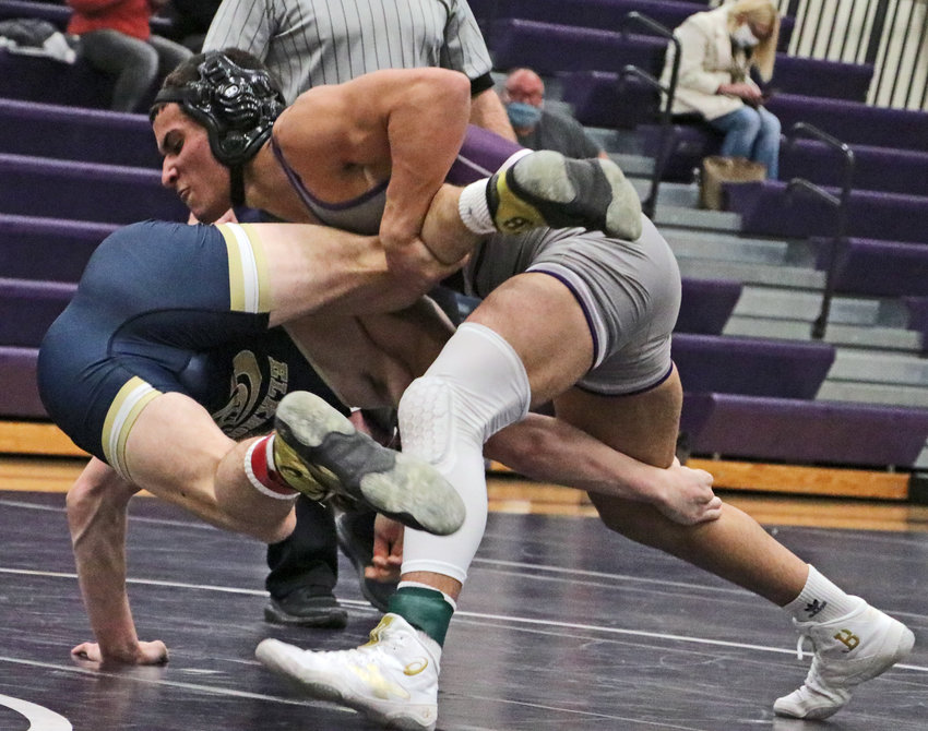 Bears 152-pounder Yoan Camejo, right, takes down Shawn Clark of Elkhorn South on Thursday at Blair High School.