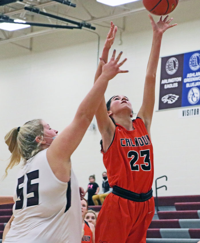 Fort Calhoun freshman Bria Bench, right, puts up a shot in front of the Eagles' Hailey Brenn on Friday at Arlington High School.