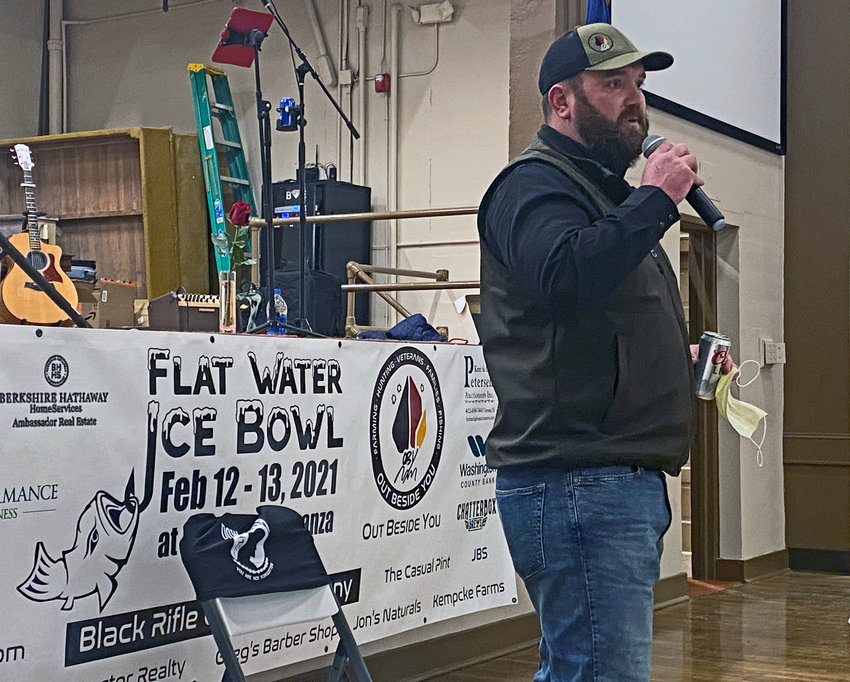 Blair resident Dustin Davis speaks last month during the Flat Water Ice Bowl at Pheasant Bonanza near Tekamah. Proceeds from the ice fishing event went to Out Beside You, Davis' nonprofit organization devoted to supporting active and transitioning military members, their families, and former and retired veterans with their transition from military service to civilian life.