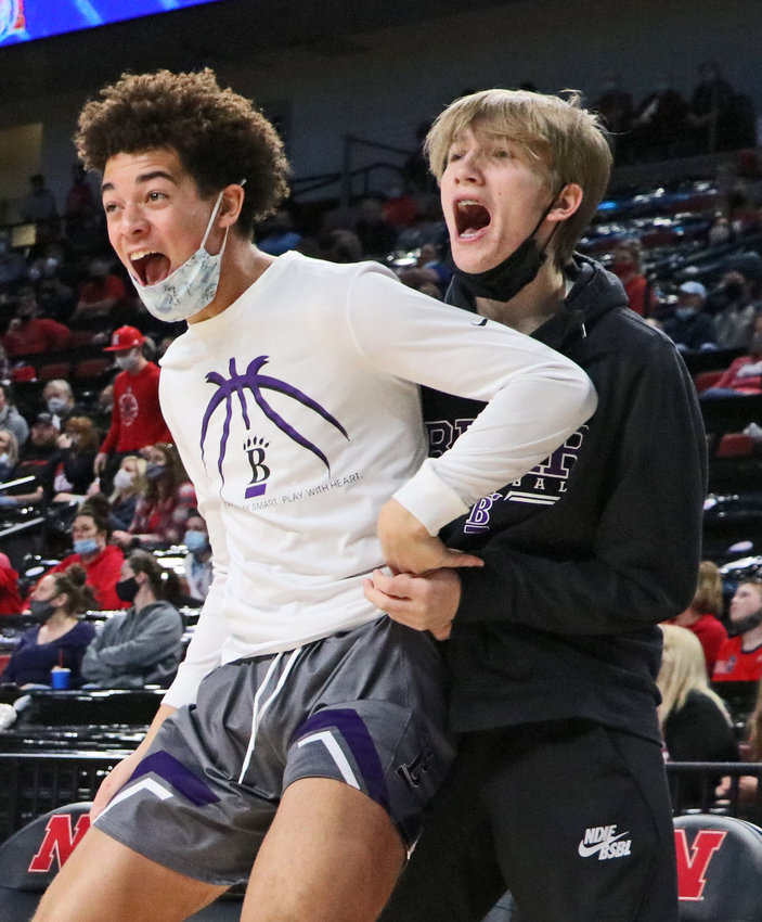 Blair's J'Shawn Unger, left, and Greyson Kay celebrate a third-quarter 3-pointer Tuesday at Pinnacle Bank Arena in Lincoln.