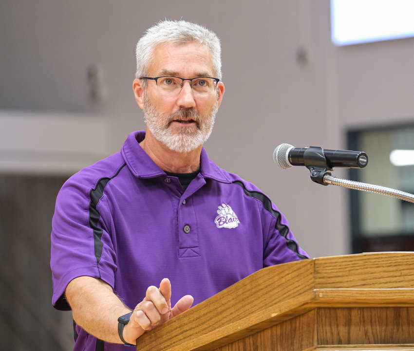 Blair Community Schools Director of Operations Tom Anderson speaks at an open house event Tuesday for the newly renovated Blair HIgh School industrial arts center.