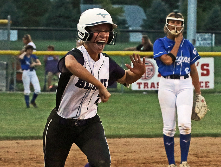 Blair sophomore Leah Chance celebrates a 3-run homer Thursday at the Youth Sports Complex.