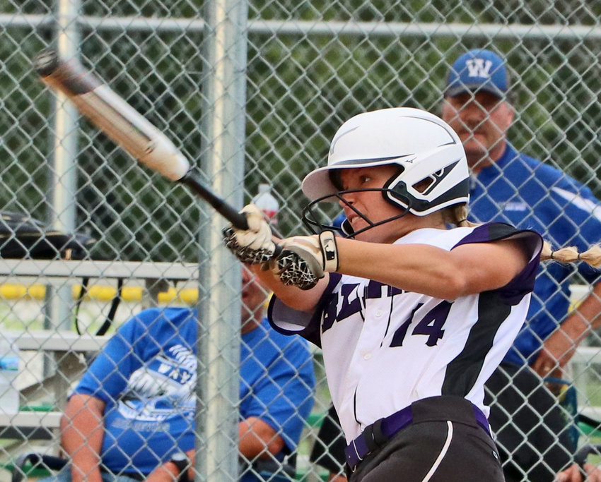 Blair sophomore Sophia Wrich follows through on an RBI swing Thursday at the Youth Sports Complex.