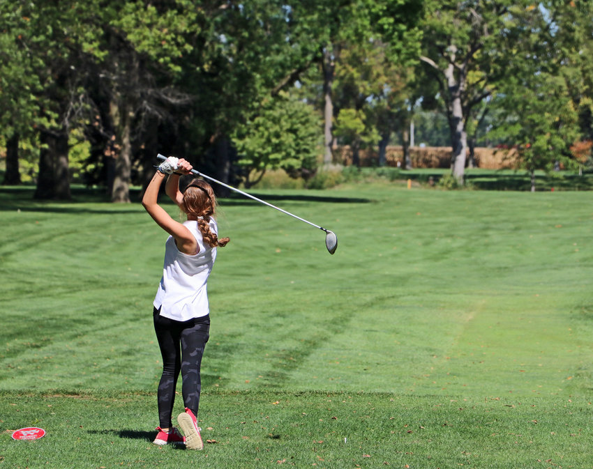 Blair's Emma Wilson hits off of the tee on No. 9 Tuesday at Fremont Golf Club.