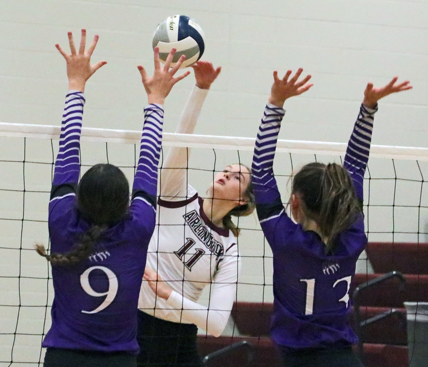 The Eagles' Chase Andersen, middle, attempts to spike the ball between Blair's Schuyler Roewert, left, and Olivia Fitchhorn on Saturday at Arlington High School.