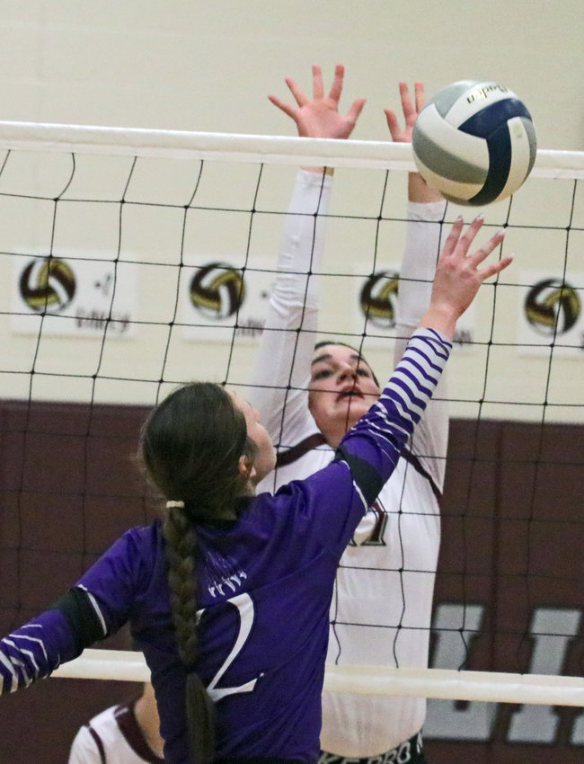 Eagles sophomore Taylor Arp, facing, attempts to block the attack of Blair's Claire Gochanour on Saturday at Arlington High School.