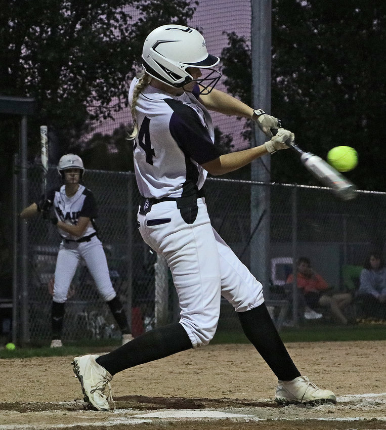 Blair's Sophia Wrich makes contact on a swing Monday at Omaha Skutt.