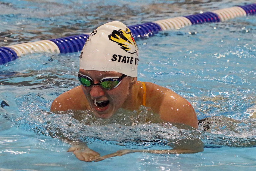 Arlington's Lizzie Meyer swims Tuesday at the Dillon Family Aquatics Center in Fremont.