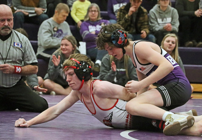 Bears 106-pounder Cole Welte, top, controls Missouri Valley's Brad Orther on Thursday at Blair High School.