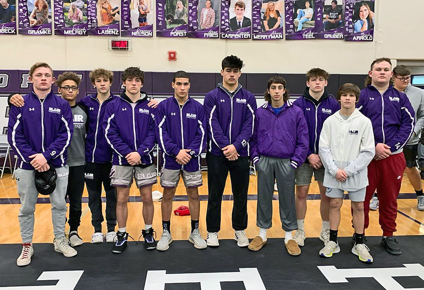Blair wrestlers Charlie Powers, from left, Tyson Brown, Jesse Loges, Landon Templar, Yoan Camejo, Livai Opetaia, Luke Frost, Kaden Sears, Hudson Loges and Seagan Packett-Trisdale qualified for the NSAA State Championships during Saturday's district tourney in Minden.