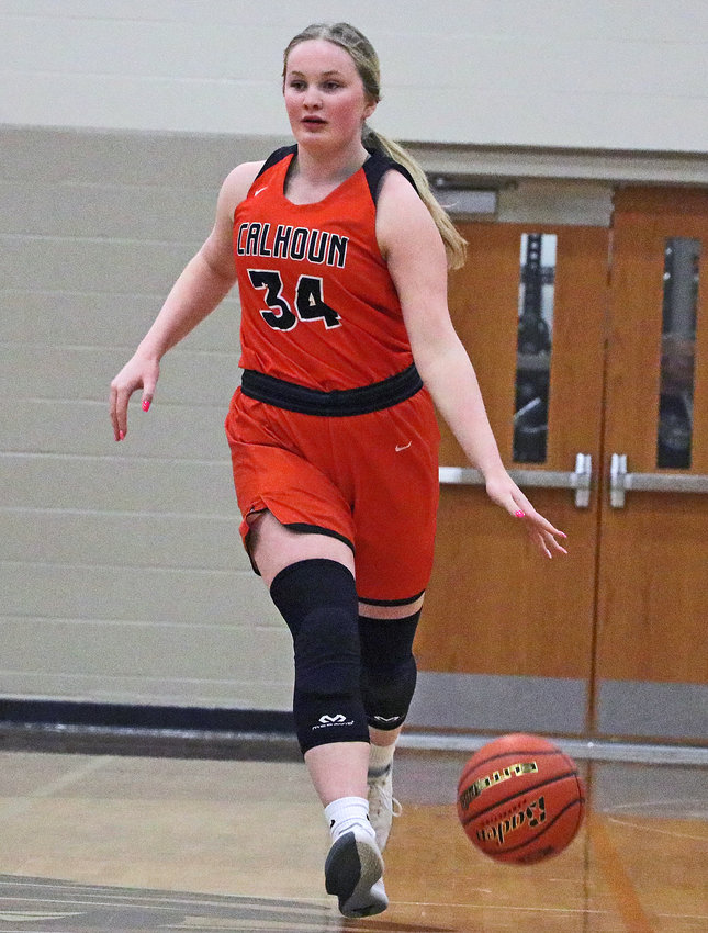 Fort Calhoun's Raegen Wells dribbles down the floor Tuesday at North Bend Central.