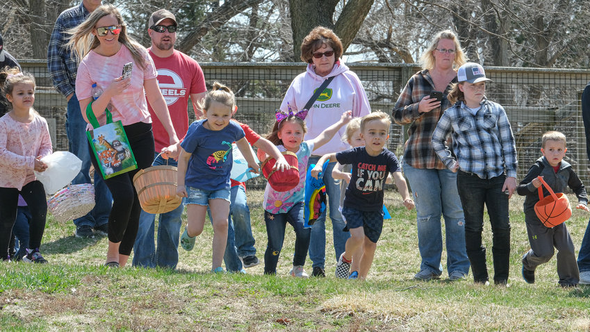 Grade school age kids dash for eggs at Camp Fontanelle April 10.