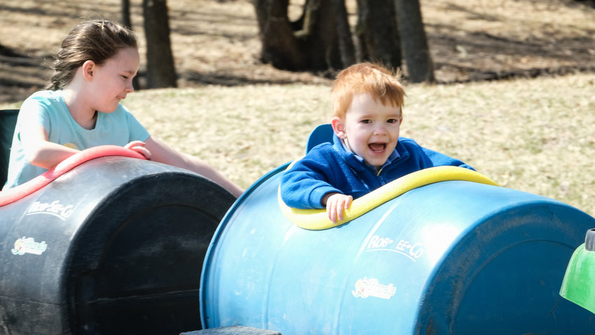 Owen Wagner, son of Julie and Kevin Wagner, rides the barrel train at Camp Fontanelle April 10.