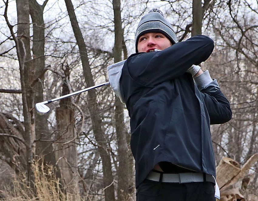 Blair's Easton Chaffee watches his shot on No. 2 Tuesday at River Wilds Golf Club.