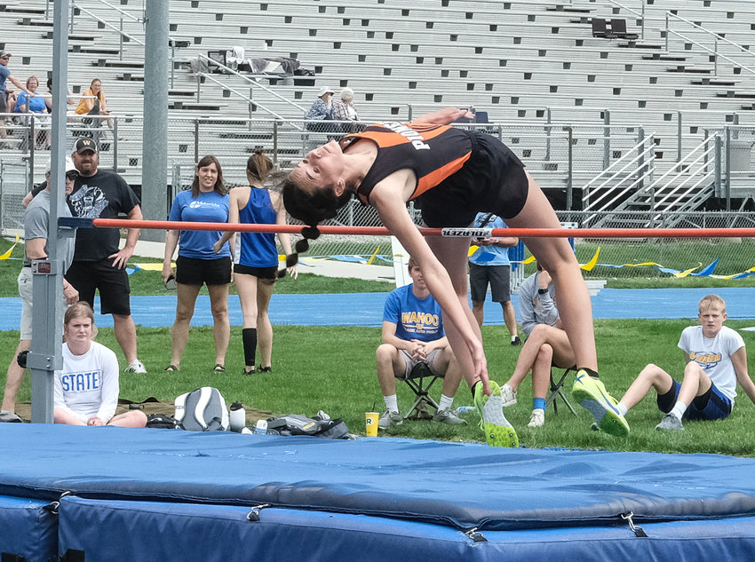 Fort Calhoun's Bria Bench competes in the high jump Tuesday at Wahoo High School.