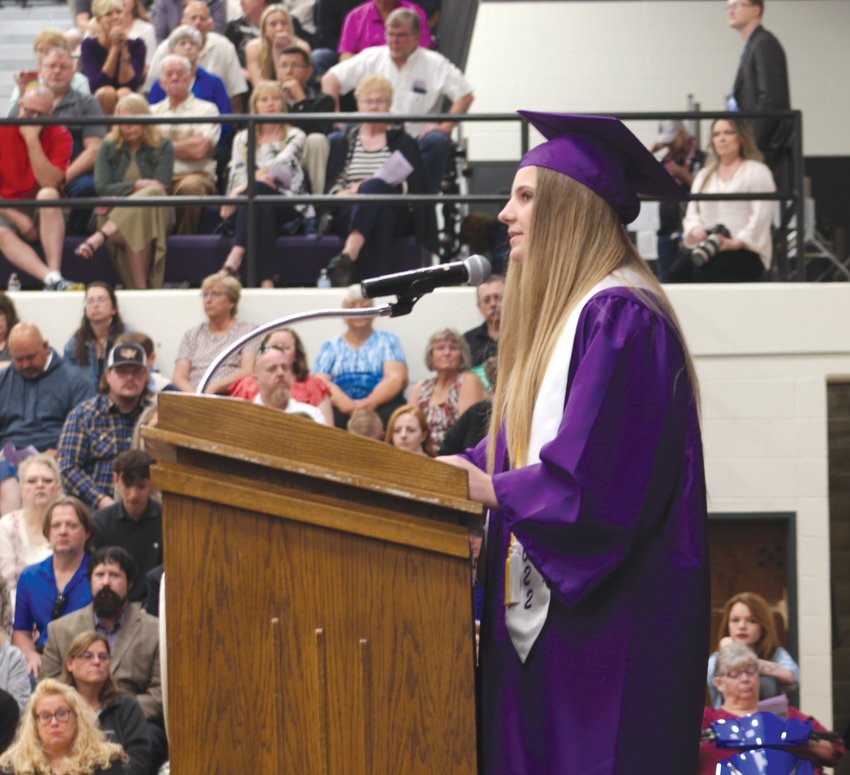 Ashlyn Just addresses her classmates at the commencement ceremony on May 15.