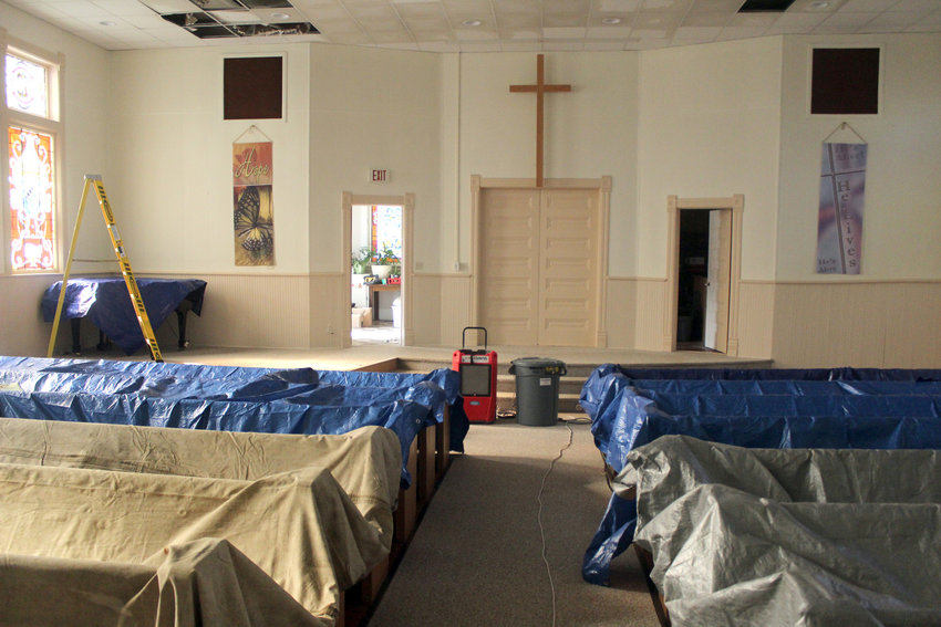 First Baptist Church had some water damage following the fire caused by a lightning strike Tuesday afternoon. The church will hold its services in the fellowship hall.