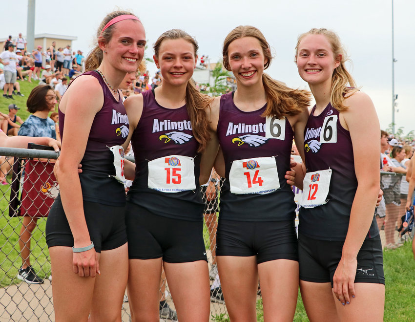 The Arlington 1,600-meter relay team of Keelianne Green, from left, Hailey O'Daniel, Kailynn Gubbels and Chase Andersen celebrated a school-record time Thursday at Omaha Burke Stadium.