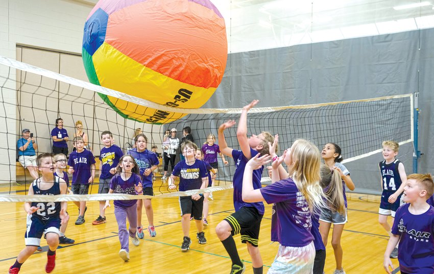 Third grade students play giant volleyball during Fun Day at Arbor Park Tuesday