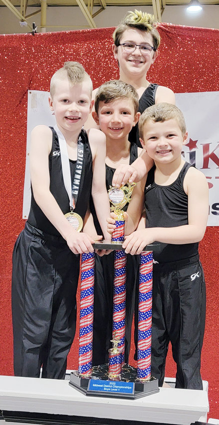 Level 1 boys with their First place Team Trophy are Preston Dockhorn, Amos Johnson, Eli Peterson, and Jonathan Ross.