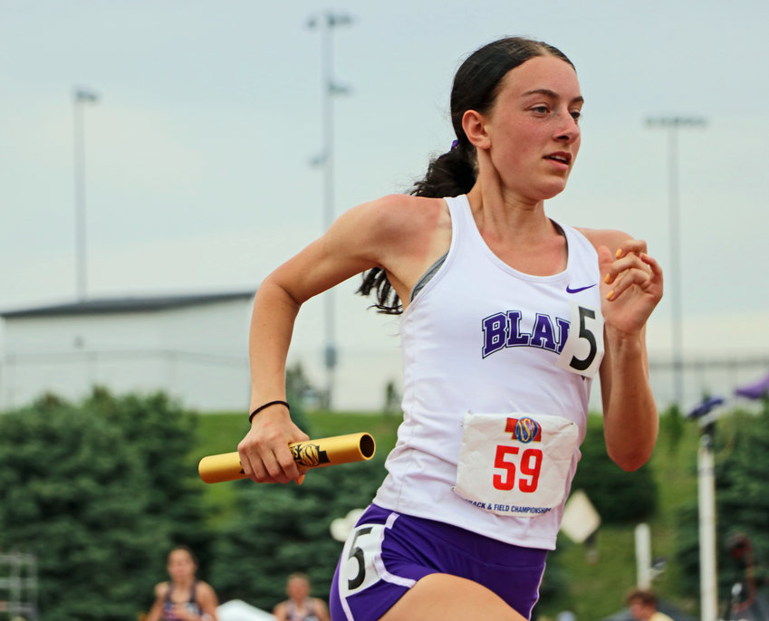 Blair's Reece Ewoldt competes in the 1,600-meter relay race Thursday at Omaha Burke Stadium.