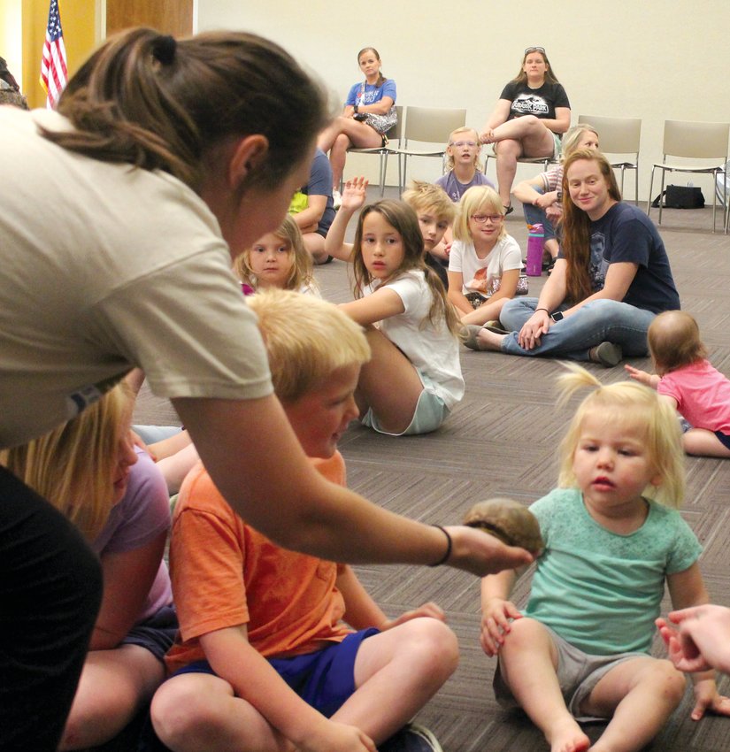 Hope Boeckman, 2, gets a closer look at Gramps the box turtle during Animal Adaptations, hosted by the Papio-Missouri River Natural Resources District, on June 7 at the Blair Public Library and Technology Center.