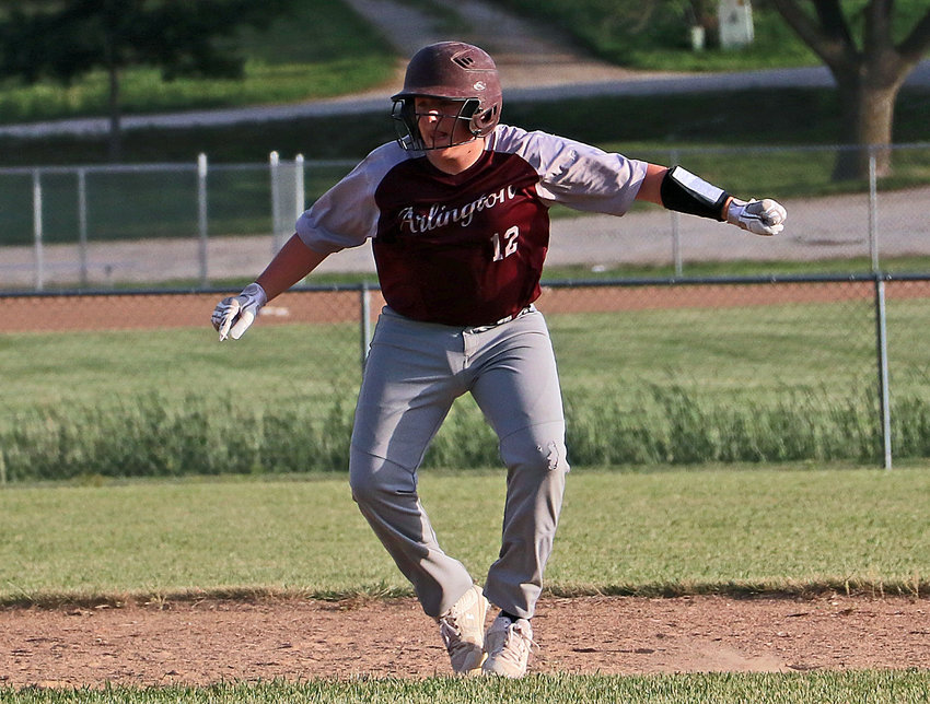 Arlington's Caiden Wright leads off of second base Tuesday at the Two Rivers Sports Complex.