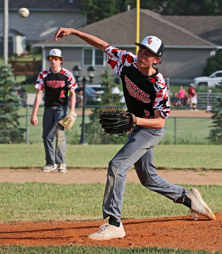 Fort Calhoun's Eli Tinkham pitches Tuesday at the Two Rivers Sports Complex.