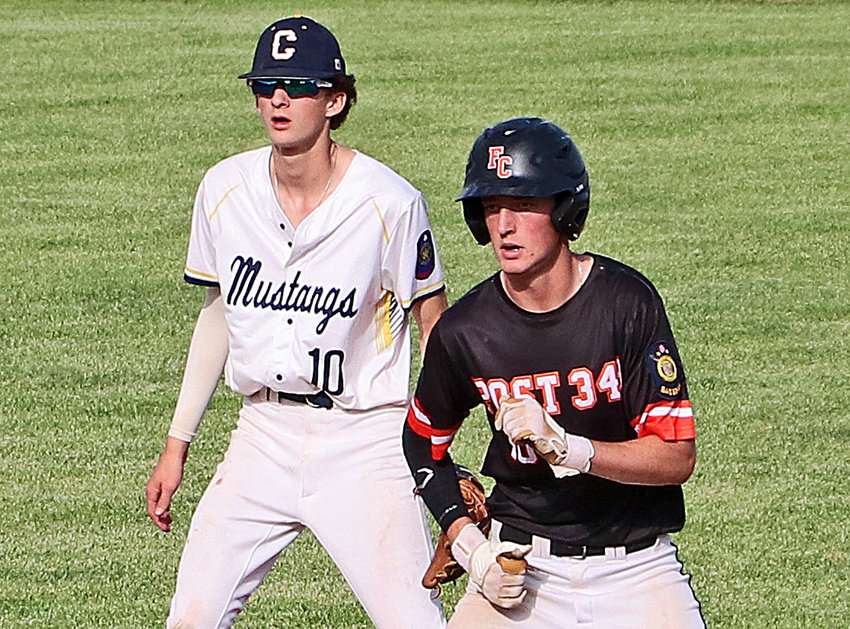 Fort Calhoun Senior Legion base runner Sam Genoways, right, leads off of second base in front of the Concordia shortstop Thursday at the Omaha Home for Boys.