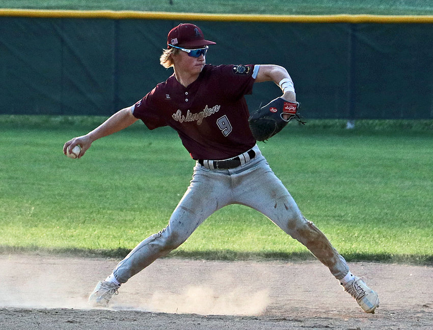 Arlington Senior Legion shortstop Jack Bang throws to first base for an out against South Sioux City on Monday at the Washington County Fairgrounds.