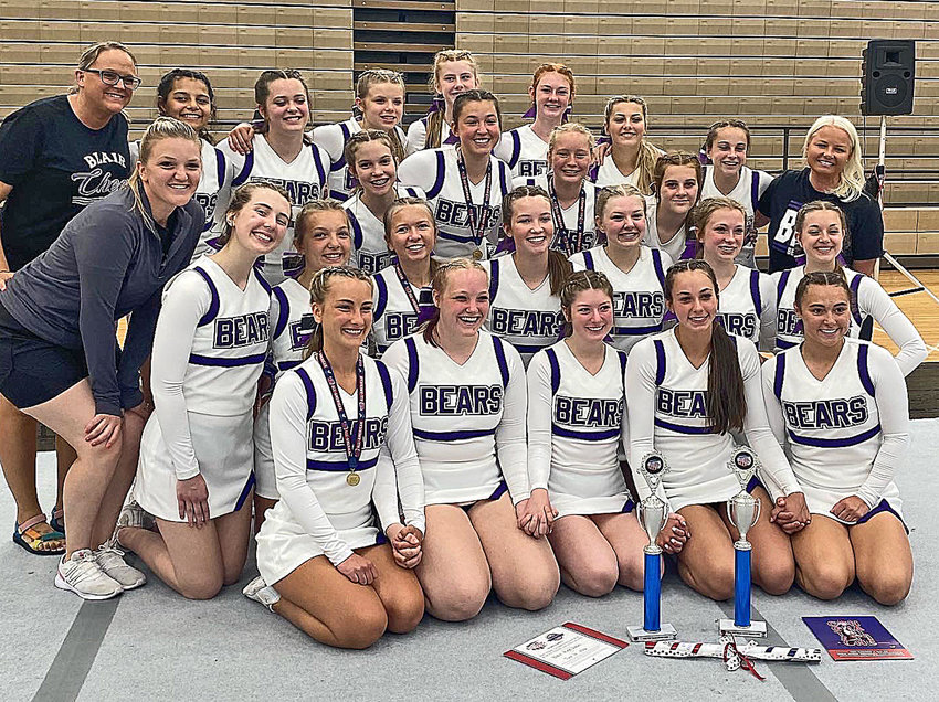 The Blair High School cheer team earned several honors during a team camp June 13-16 in Lincoln. Front row, from left: Hayen Bosanek, Chloe Quick, Taylor Hanson, Tessa Villotta and Cailey Anderson. Second row: Ruby Gutzmann, Leah Wehrli, Lexi Hilgenkamp, Claire Mann, Lileigh King, Taryn Bellamy and Bella Matzen. Third row: Coach Kim Farrar, Ava Jenkins, Nicki Wendt, Jo Inget and Haylie Jensen. Back row: Assistant Coach Tammy Quick, Angela Roehrs, Macy Schrad, Ella Pike, Sohpia Kegler, Sam Geise, Kenna Nielsen, Avrie Camenzind and assistant Coach Mandy Freshman. Not pictured: Assistant coach Beth Villotta.