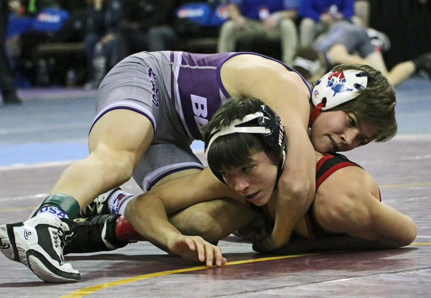 Blair 106-pounder Hudson Loges, top, wrestles last February during the NSAA State Wrestling Championships in Omaha. Last week, he earned All-American status in Fargo.