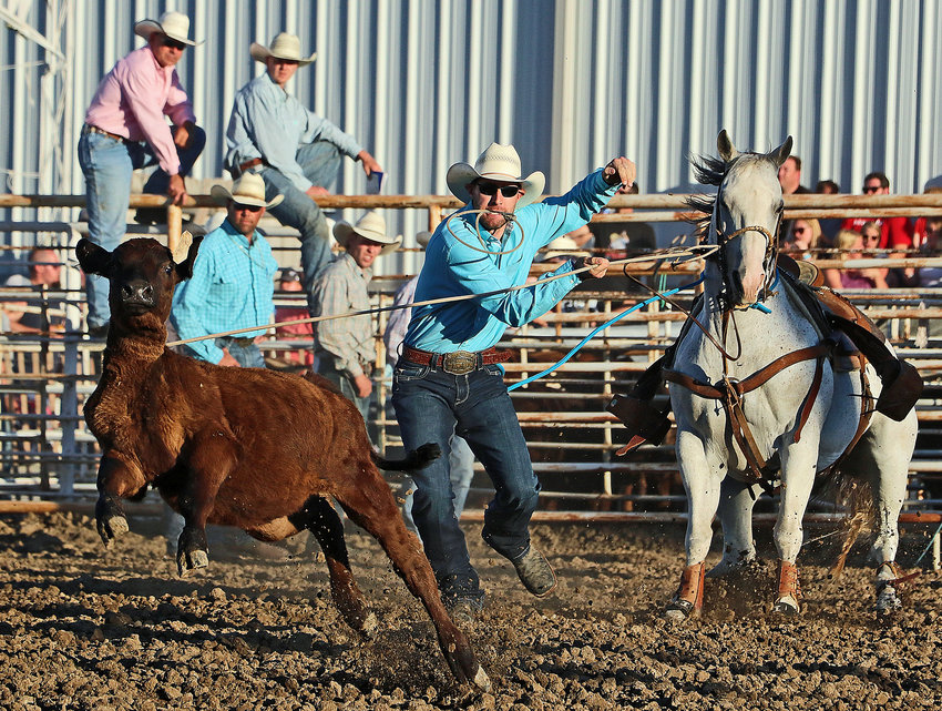 Jarret Oestmann of Auburn competes in the tie-down roping Saturday at the Washington County Fairgrounds.